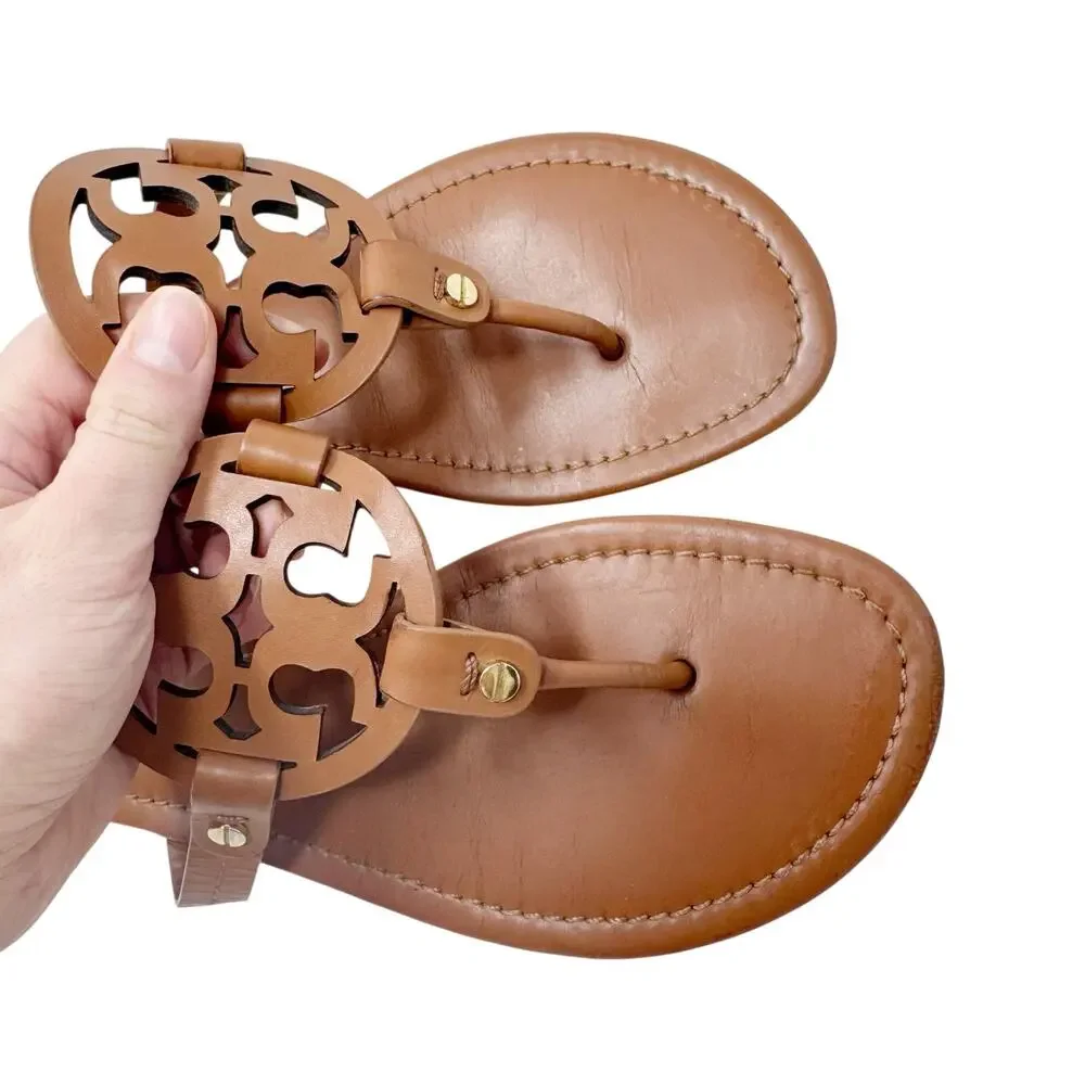 Tory Burch Miller Sandals Brown Leather Logo Thong Flat Size 10